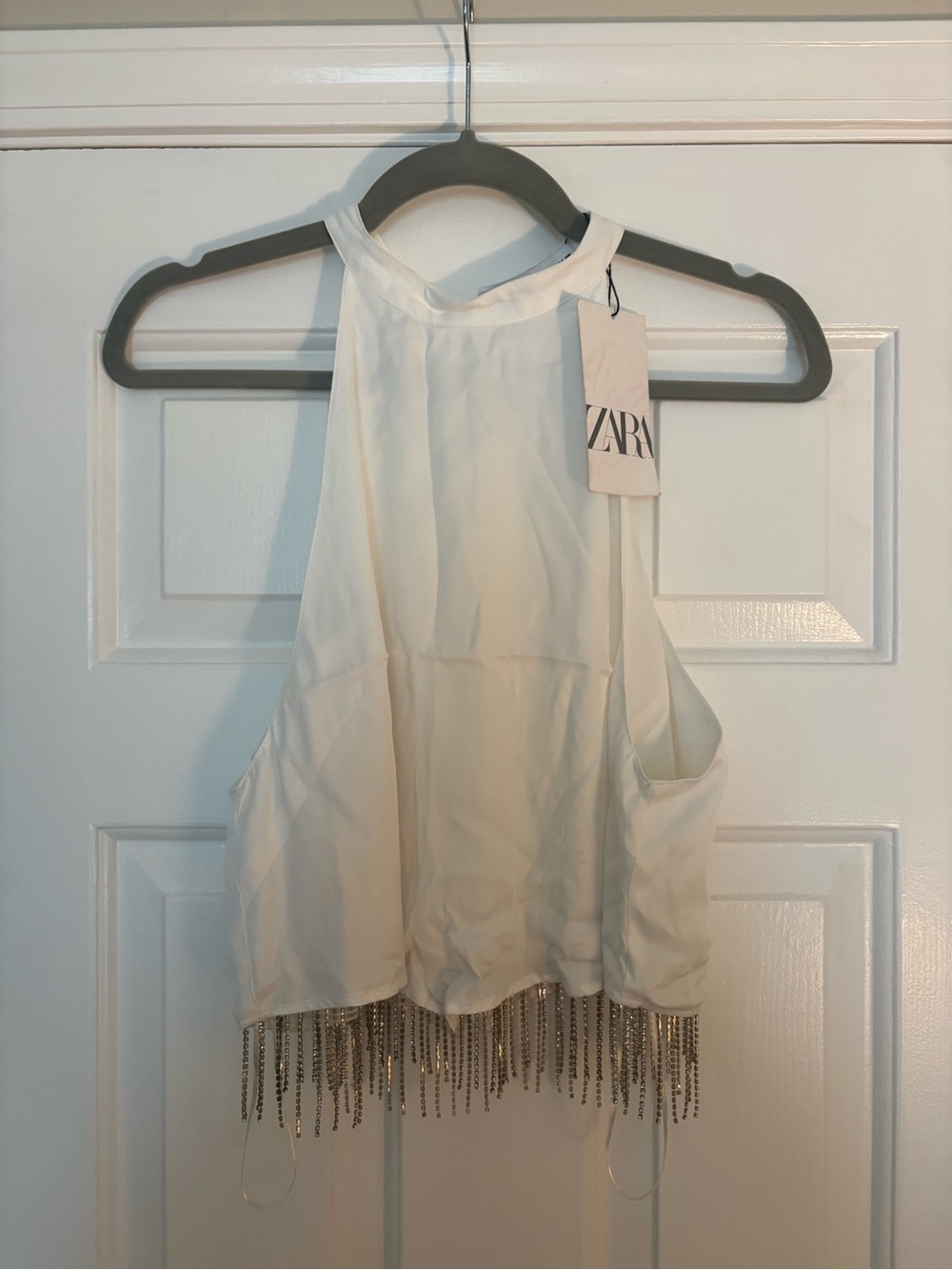 Zara White Halter Crop Top with Rhinestone Fringe
